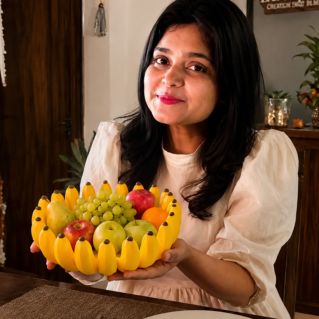 A woman with long black hair wearing a cream-colored blouse holds a decorative fruit bowl shaped like a flower, filled with yellow bananas, green grapes, and red apples, in an indoor setting.
