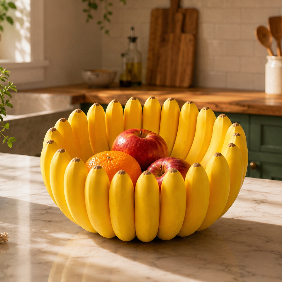 A decorative fruit bowl made from a cluster of plastic yellow bananas, holding red apples and an orange, set on a marble kitchen countertop.
