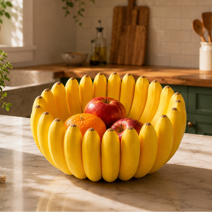 A decorative fruit bowl made from a cluster of plastic yellow bananas, holding red apples and an orange, set on a marble kitchen countertop.