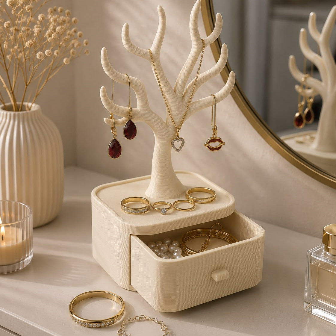 A cream-colored jewelry organizer with a tree-style necklaces holder and a drawer, styled on a vanity table with gold rings, earrings, and bracelets, next to a mirror and candle.
