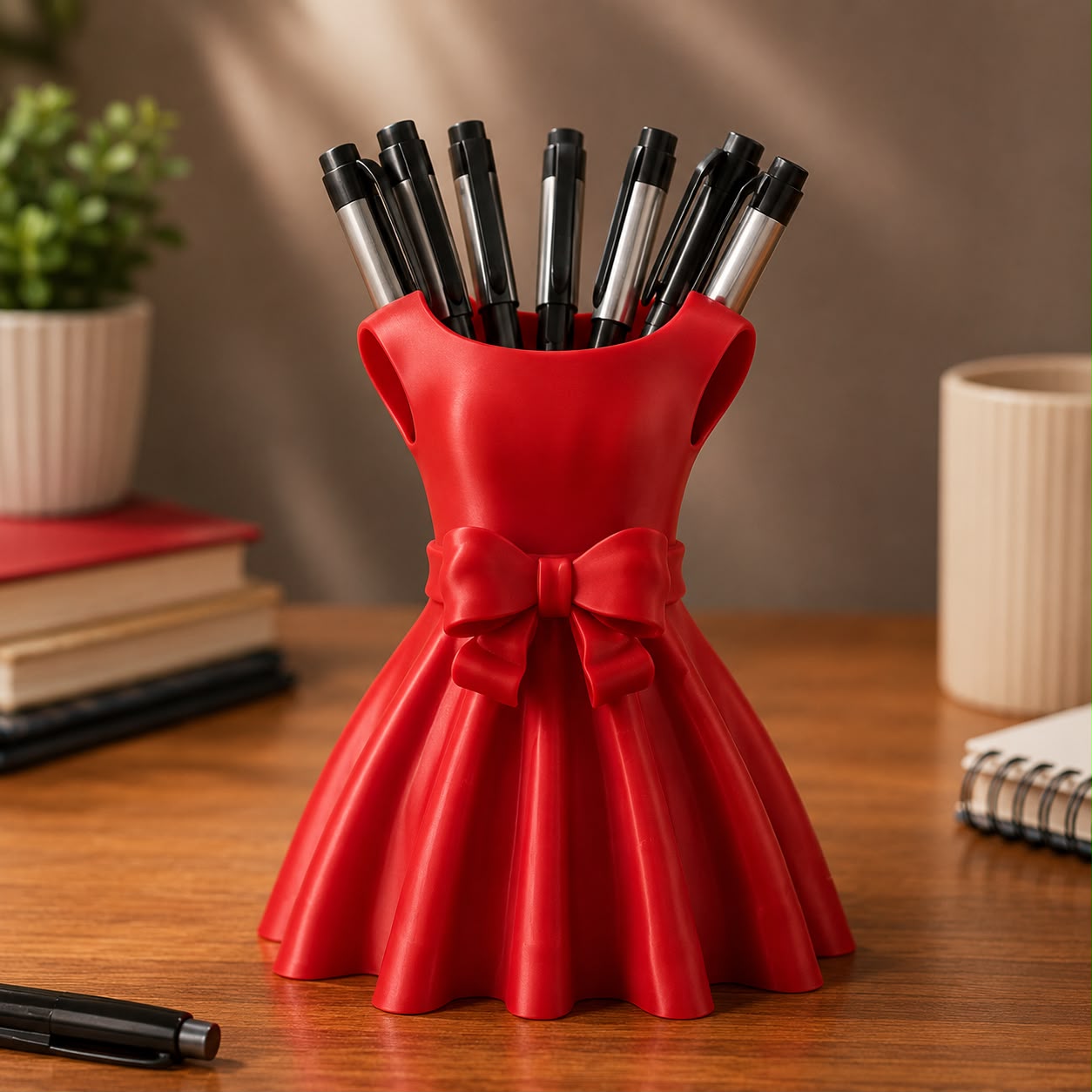 A red pen holder shaped like a sleeveless dress with a large bow at the waist, filled with black and silver pens, placed on a wooden desk with books and a plant in the background.
