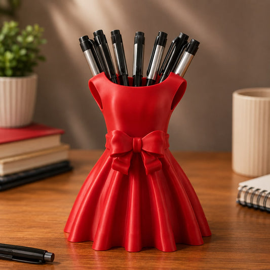 A red pen holder shaped like a sleeveless dress with a large bow at the waist, filled with black and silver pens, placed on a wooden desk with books and a plant in the background.
