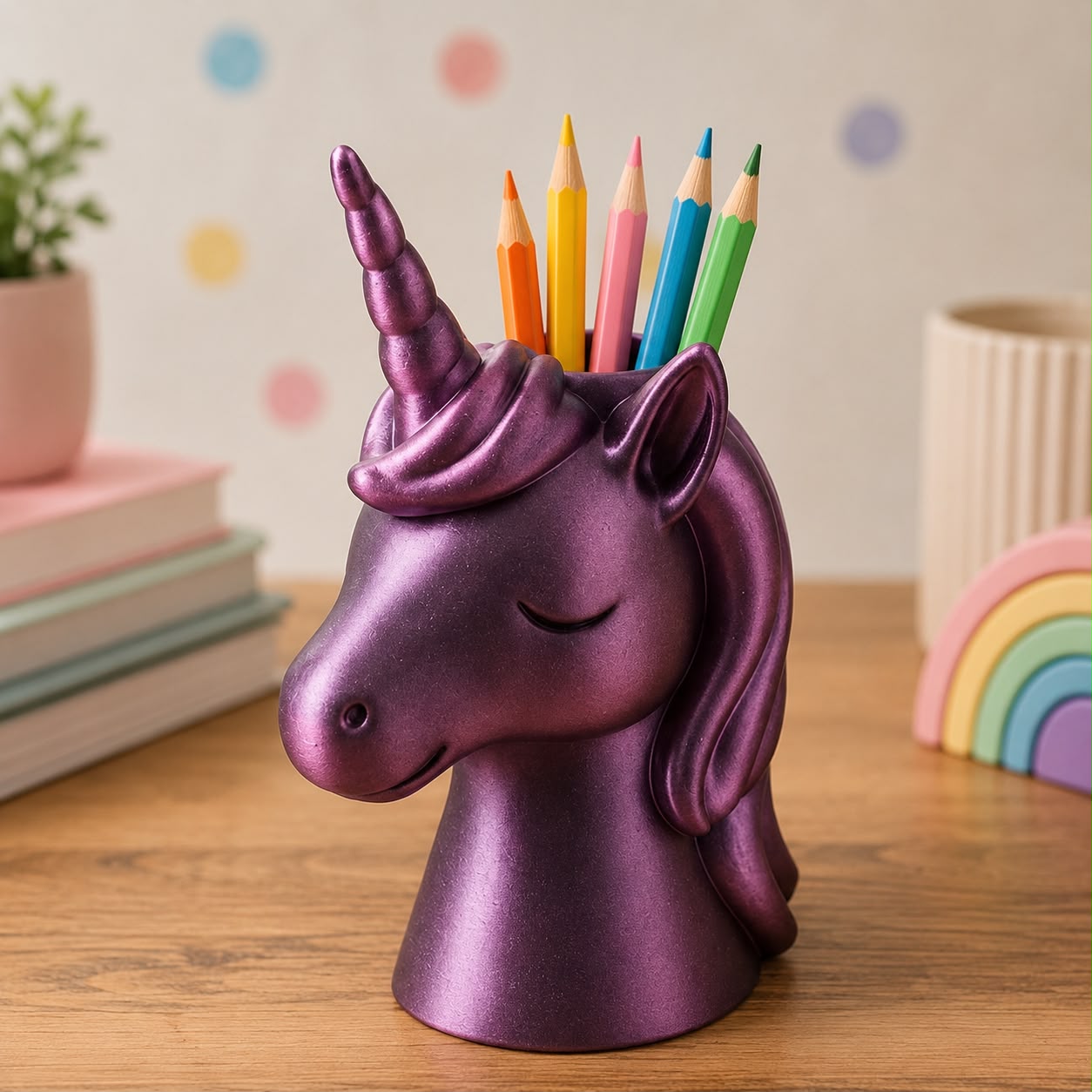 A  purple unicorn head pencil holder with a closed-eye design, holding several colored pencils, set on a wooden desk with books and a small plant in the background.