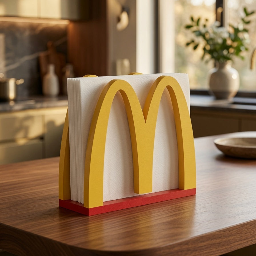 A novelty paper napkin holder shaped like the McDonald's golden arches logo, sitting on a wooden table in a warm, softly blurred kitchen setting.